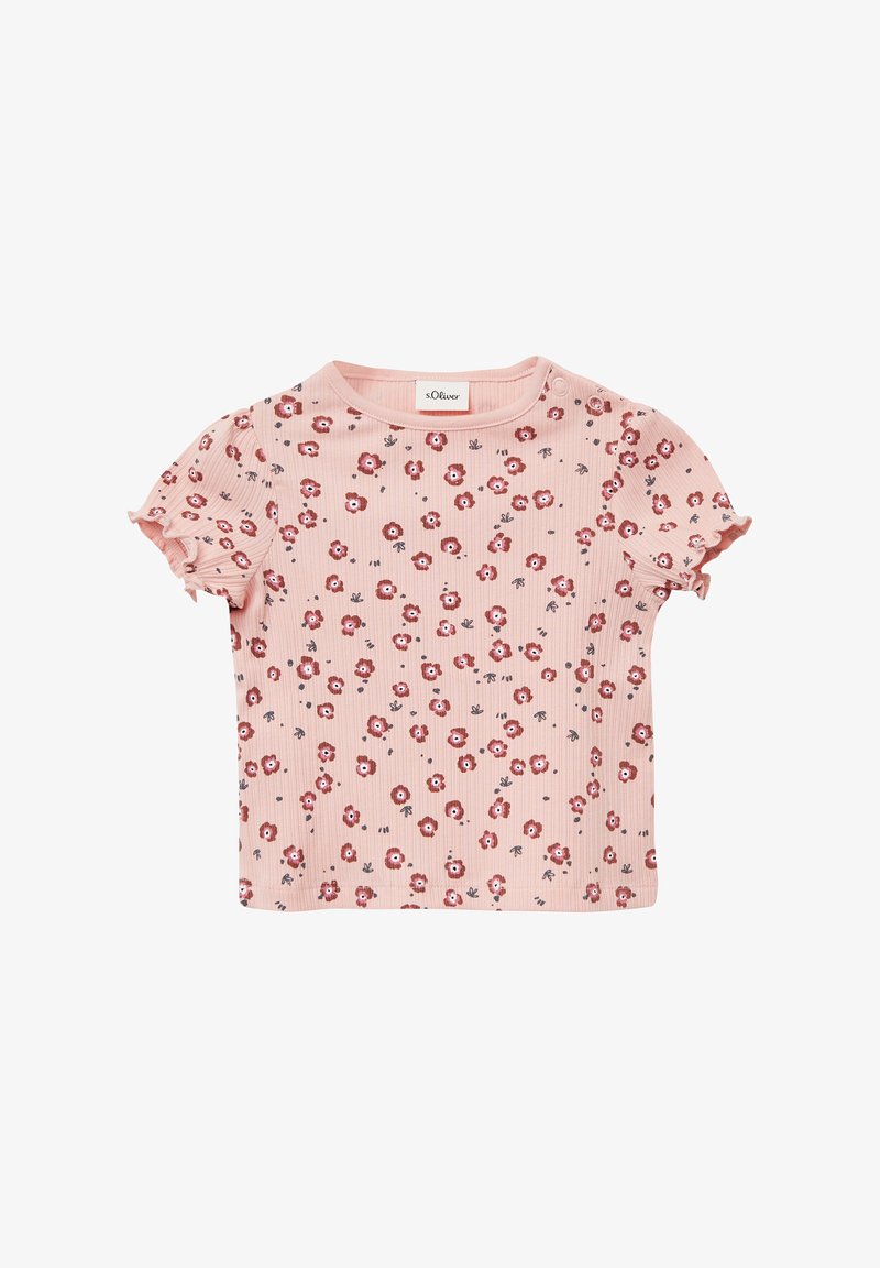 Roze geribbelde shirt met korte mouwen en een bloemendessin in rood en blauw, voorzien van aangeknipte mouwen en een ronde halslijn. Merkenlabel zichtbaar.
