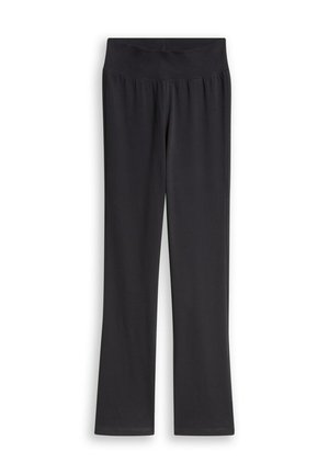 Schwarze Hose mit geradem Bein und elastischem Bund, glatter Stoff, keine sichtbaren Taschen oder Muster, flach auf weißem Hintergrund ausgelegt.