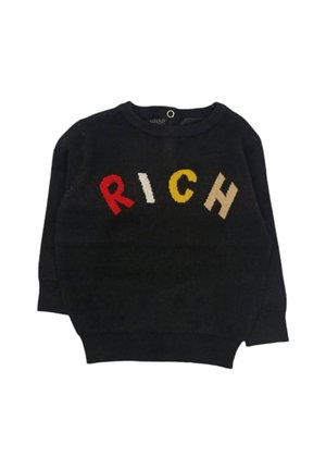 Maglione nero con lettering multicolore "RICH" in rosso, giallo, beige e bianco. Caratterizzato da un collo rotondo e maniche lunghe. Materiale in morbido maglione.