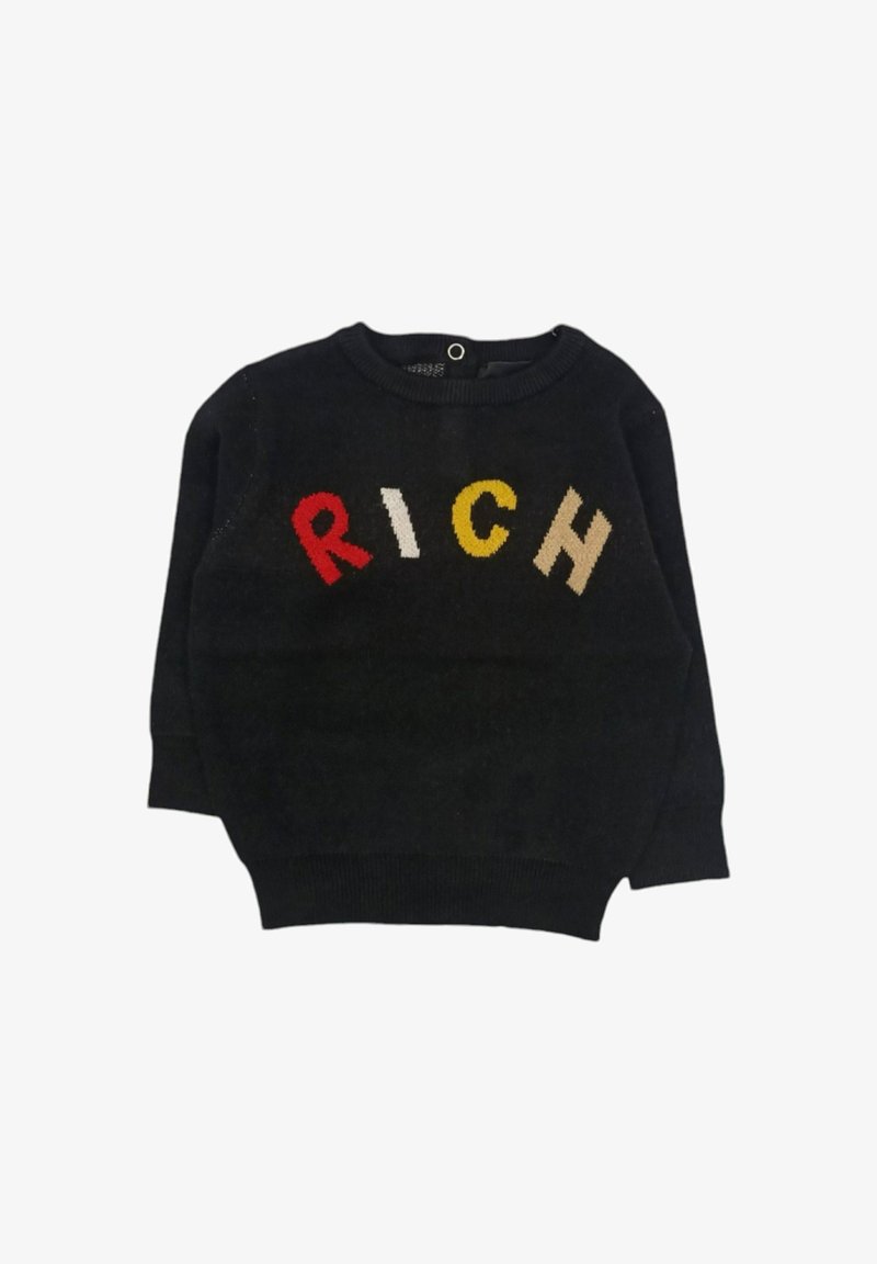 Maglione nero con lettering multicolore "RICH" in rosso, giallo, beige e bianco. Caratterizzato da un collo rotondo e maniche lunghe. Materiale in morbido maglione.