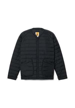 Schwarze Daunenjacke mit Druckknopfverschluss, zwei Fronttaschen, gestepptem Design und Raglanärmeln. Hergestellt aus leichtem Material.