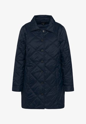 Granatowa pikowana kurtka z zapięciem na guziki, szerokim kołnierzem i długimi rękawami, wykonana z teksturowanej, izolowanej tkaniny. Detale w wzór diamentowy.