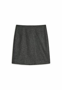 Grå vævet nederdel med en lige snit og tekstureret stof, med et enkelt, unyttet design. Ingen lommer eller synlige lukninger.
