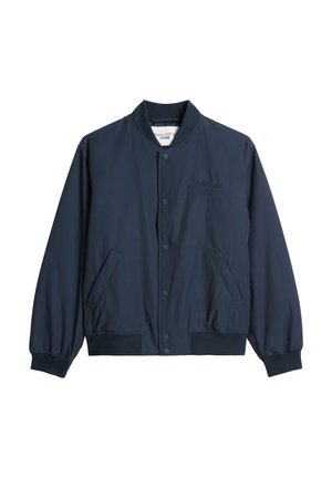 Marineblauw bomberjack van lichtgewicht stof, met een afgeronde kraag, knoopsluiting en zijzakken. Glad oppervlak, elastische manchetten.