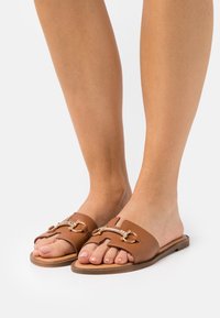 Brune lædersandaler med en bred rem og guld-tone hardware accenter. Den flade sål og åbne tå design fremhæver foden.