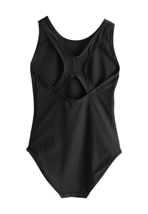 Czarny jednoczęściowy strój kąpielowy z designem na plecach typu racerback oraz wycięciami. Wykonany z gładkiego, elastycznego materiału zapewniającego komfort i swobodę ruchów.