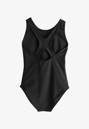 Čierny jednodielny plavky s pretekárskym strihom a výrezmi. Vyrobené z hladkej, pružnej látky pre komfort a flexibilitu.