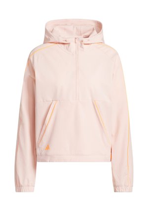 Lichtroze pulloverjack met capuchon, halve rits aan de voorkant, kangoeroezak en subtiele oranje biezen langs de mouwen en de randen van de zak.