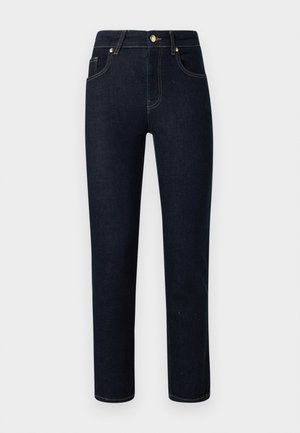 Dunkelblaue Denim-Jeans, mittlerer Bund, gerade Beine, mit goldenem Zubehör, vorderen Taschen und dezenten Steppnähten. Glatte Textur.