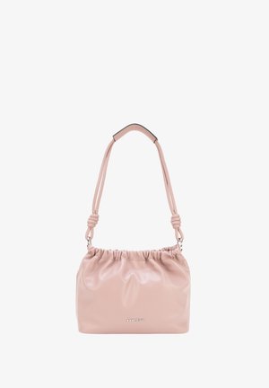 Sac à bandoulière rose doux avec bord supérieur froncé et extrémités des anses nouées, avec petit logo de marque métallique au centre avant.