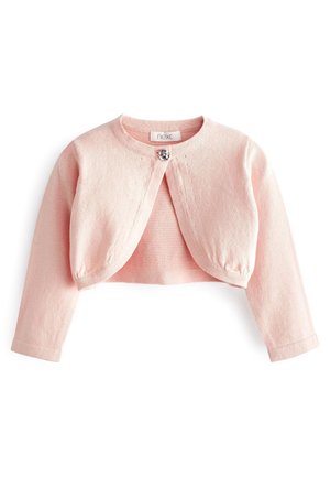 Cárdigan rosa claro corto con mangas largas y un único botón decorativo en el cuello, tejido de punto suave.