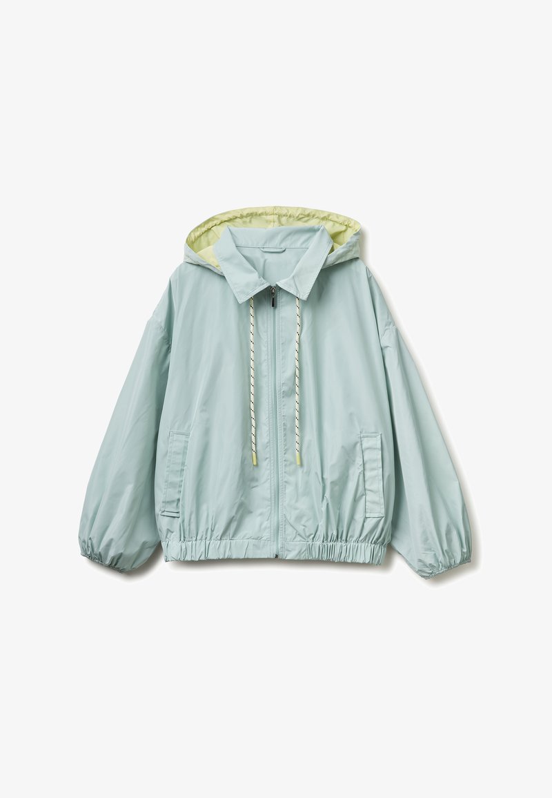 Light blue hooded jacket with front zipper, drawstring hood, two front pockets, elastic cuffs, and elastic hem, laid flat on white background.