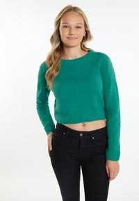 Maglione verde corto realizzato in morbido tessuto testurizzato, con maniche lunghe e scollatura rotonda, abbinato a jeans neri aderenti.