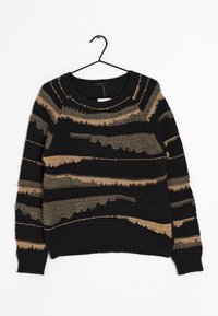 Knitted sweater in black with horizontal stripes of dark green and brown. Features textured patterns and a ribbed hem and cuffs.