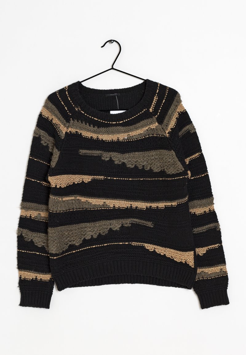 Knitted sweater in black with horizontal stripes of dark green and brown. Features textured patterns and a ribbed hem and cuffs.