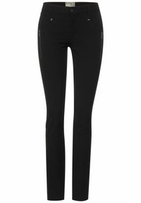 Black slim-fit trousers made of stretch fabric, featuring two zippered front pockets, a button closure, and a clean, smooth texture.