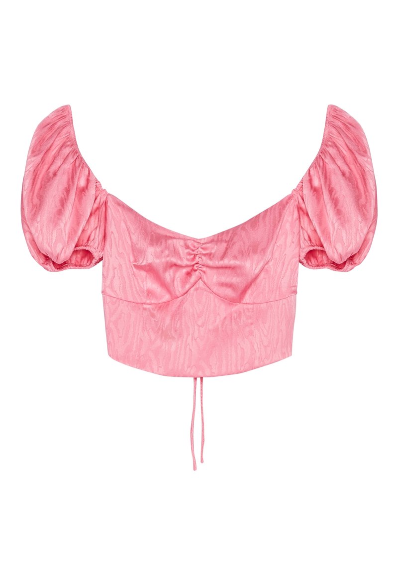 Haut court rose en tissu texturé, avec des manches bouffantes, des détails froncés à l'avant et un cordon de serrage à l'ourlet.