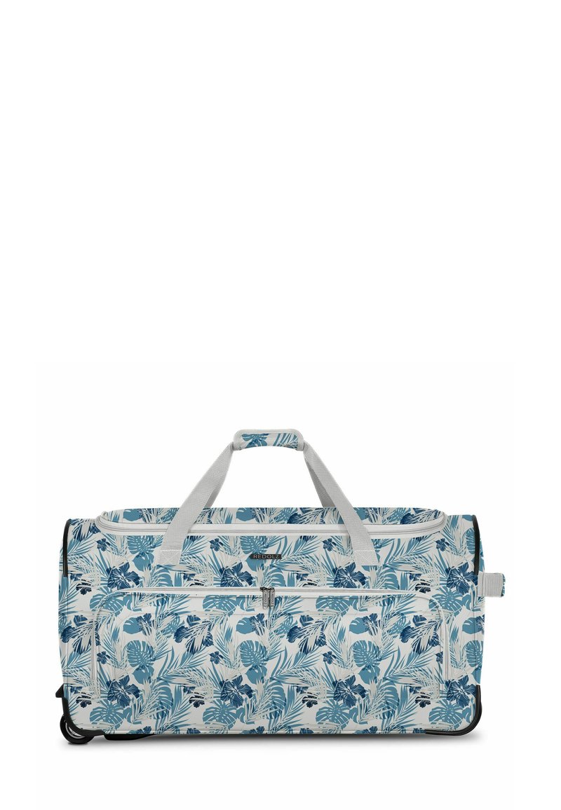 Reisetasche mit einem hellblauen und weißen tropischen Blattmuster. Verfügt über graue Griffe und eine Frontreißverschlusstasche sowie einen robusten schwarzen Boden.