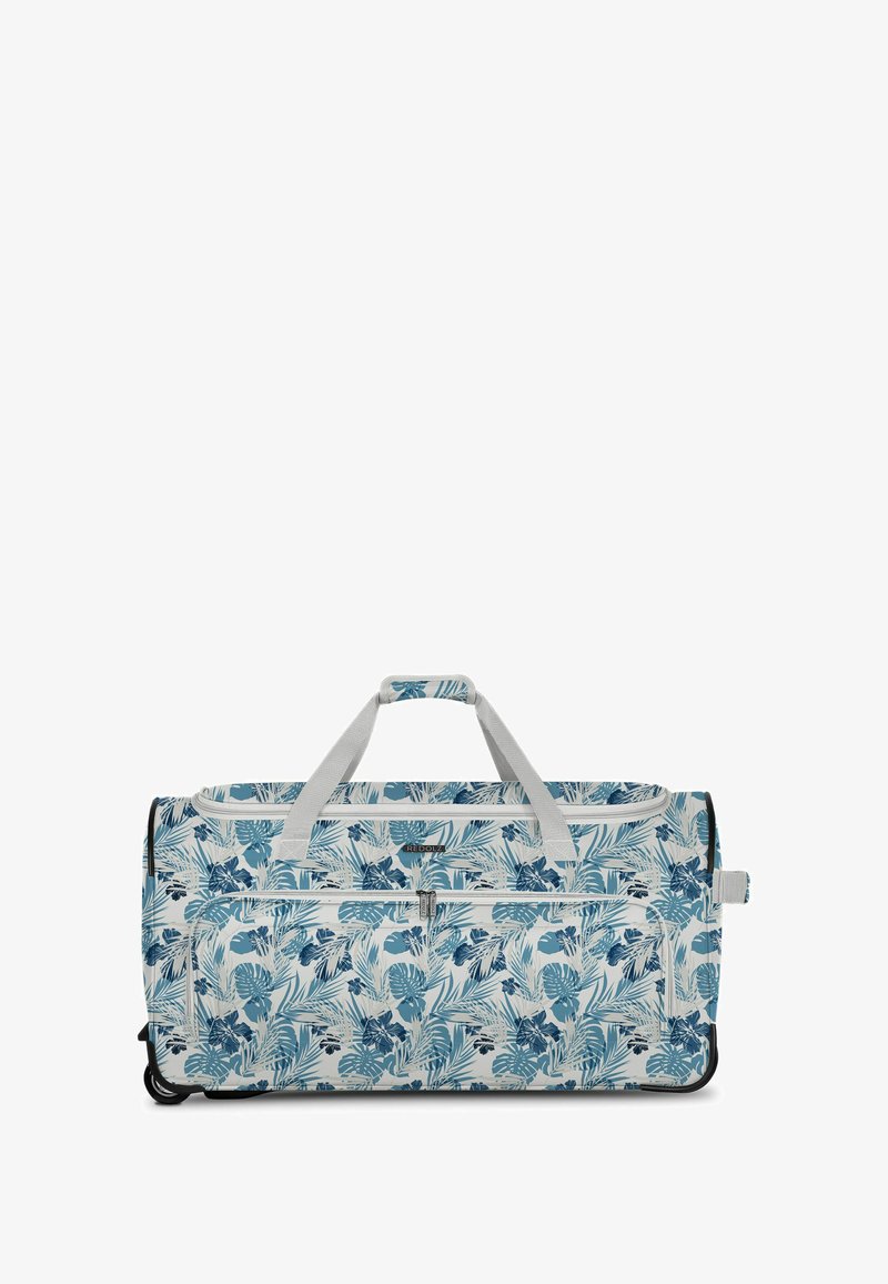 Reisetasche mit einem hellblauen und weißen tropischen Blattmuster. Verfügt über graue Griffe und eine Frontreißverschlusstasche sowie einen robusten schwarzen Boden.