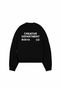 Black knitted sweater with long sleeves and a crew neckline. Features white text "CREATIVE DEPARTMENT 2018 CD" on the back.