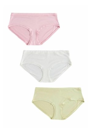 Drei nahtlose Damen-Hipster-Slips in Pink, Weiß und Beige, flach auf weißem Hintergrund ausgelegt.