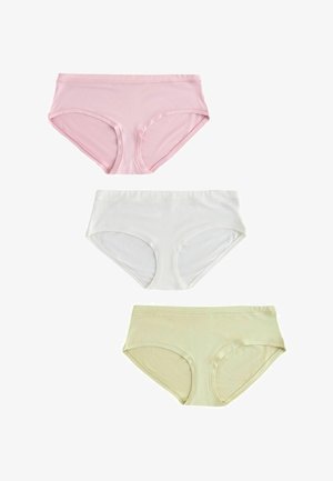 Drei nahtlose Damen-Hipster-Slips in Pink, Weiß und Beige, flach auf weißem Hintergrund ausgelegt.