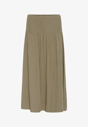Knielanger olivgrüner Rock mit Falten, elastischem Bund und glatter Textur. Dezente Nahtdetails am Saum.