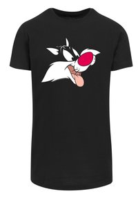 Black t-shirt featuring a graphic of a cartoon cat's face with a pink nose, white fur accents, and a red tongue. Short sleeves and round neck.