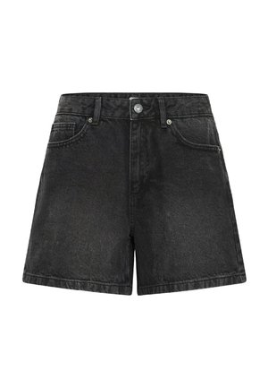 Čierne denim šortky s vysokým pásom, dizajnom s piatimi vreckami a zapínaním na gombík. Látka má jemnú textúru a vybledlý vzhľad.