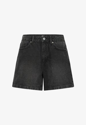 Čierne denim šortky s vysokým pásom, dizajnom s piatimi vreckami a zapínaním na gombík. Látka má jemnú textúru a vybledlý vzhľad.