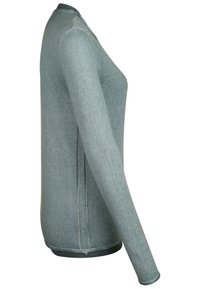 Långärmad skjorta i en ljus teal färg, tillverkad av textil med struktur, med rund halsringning och kontrasterande sömdetaljer längs sidorna.