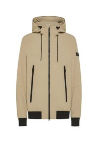Giacca cappuccio beige con zip nere. Presenta due tasche frontali, polsini elastici e una texture solida e liscia. Design minimalista.