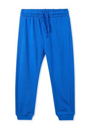 Niebieskie dresy wykonane z miękkiego materiału, z elastycznym pasem w talii i sznurkiem do regulacji, z ściągaczami na kostkach oraz gładką strukturą.