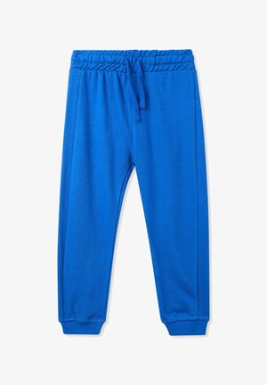 Niebieskie dresy wykonane z miękkiego materiału, z elastycznym pasem w talii i sznurkiem do regulacji, z ściągaczami na kostkach oraz gładką strukturą.