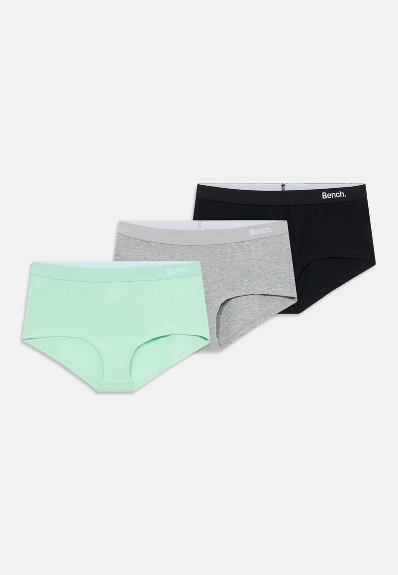 Drei Paar Damen-Hipsterunterhosen in Mintgrün, Hellgrau und Schwarz, jeweils mit einem markierten Bund.