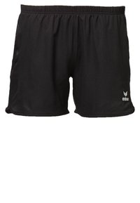 Pantalones cortos deportivos negros fabricados con un tejido ligero. Cuentan con una cinturilla elástica y un pequeño logo blanco en la parte inferior izquierda.