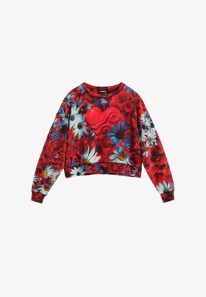 Red cropped sweatshirt with a floral pattern, featuring white daisies and a prominent red heart design. Made of soft fabric with long sleeves.