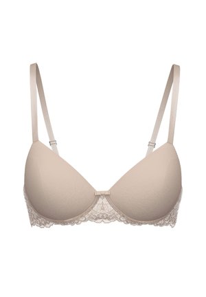 Beige BH mit Spitzenbesatz, verstellbaren Trägern, glatten Stoff-Cups und einer Schleifenoptik in der Mitte. Die strukturierte Spitze verleiht ein dekoratives Element.