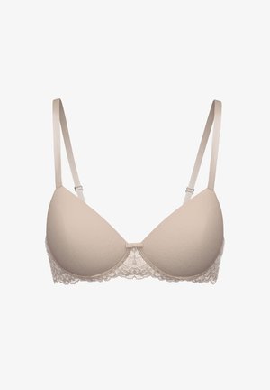 Beige BH mit Spitzenbesatz, verstellbaren Trägern, glatten Stoff-Cups und einer Schleifenoptik in der Mitte. Die strukturierte Spitze verleiht ein dekoratives Element.