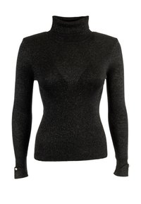 Top a collo alto a costine nero con maniche lunghe, caratterizzato da un sottile luccichio e dettagli di bottoni decorativi sui polsini.