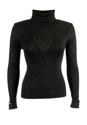 Top de cuello alto negro de canalé con mangas largas, que presenta un sutil brillo y adornos de botones decorativos en los puños.