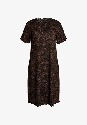 Robe courte à manches courtes arrivant au genou, imprimé léopard marron et noir, avec des bords subtilement volantés aux manches et à l'ourlet.