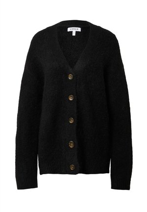 Zwarte gebreide cardigan met een V-hals, voorzien van zes bruine knopen aan de voorkant en lange mouwen. Zachte textuur en relaxte pasvorm.