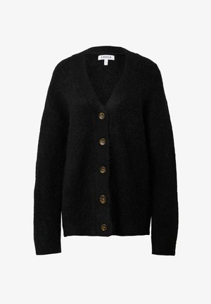 Schwarze Strickjacke mit V-Ausschnitt, ausgestattet mit sechs braunen Knöpfen an der Vorderseite und langen Ärmeln. Weicher Stoff und lockere Passform.