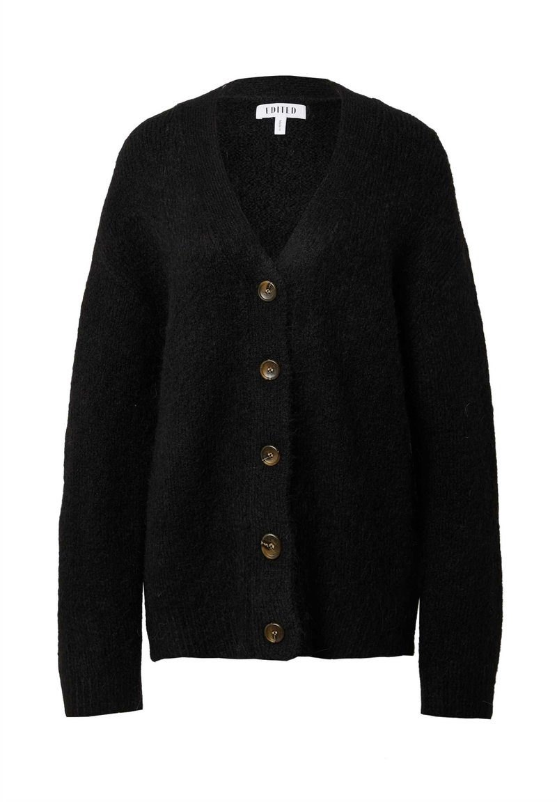 Schwarze Strickjacke mit V-Ausschnitt, ausgestattet mit sechs braunen Knöpfen an der Vorderseite und langen Ärmeln. Weicher Stoff und lockere Passform.