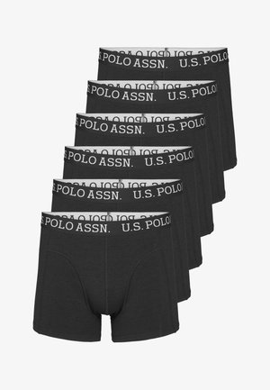 Melnas kokvilnas bokseršortus ar gludu tekstūru un elastīgu jostu, uz kuras ir balti izdrukāti vārdi "U.S. POLO ASSN." Izlikti seši pāri.