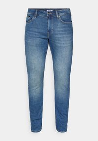 Verblasste blaue Jeans im Slim-Fit mit Fünf-Taschen-Design und Knopfverschluss. Sie verfügen über dezente Used-Effekte und konisch zulaufende Beine.