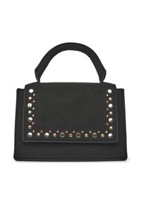 Borsa in suede nera di forma rettangolare, con borchie argento, oro e rame lungo il risvolto. Manico robusto nella parte superiore.