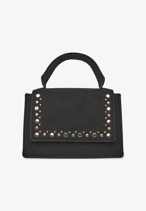 Borsa in suede nera di forma rettangolare, con borchie argento, oro e rame lungo il risvolto. Manico robusto nella parte superiore.