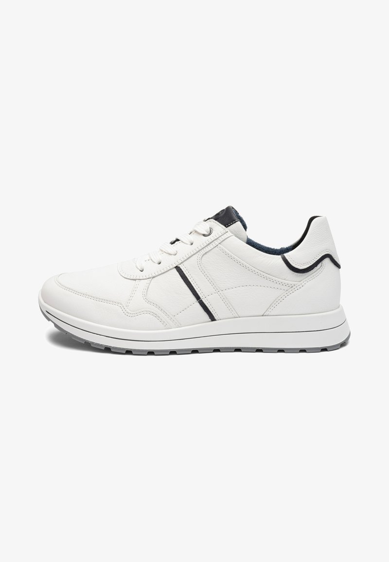 White leather sneaker with black accents, lace-up design, cushioned sole, and textured outsole, shown in side profile on white background.